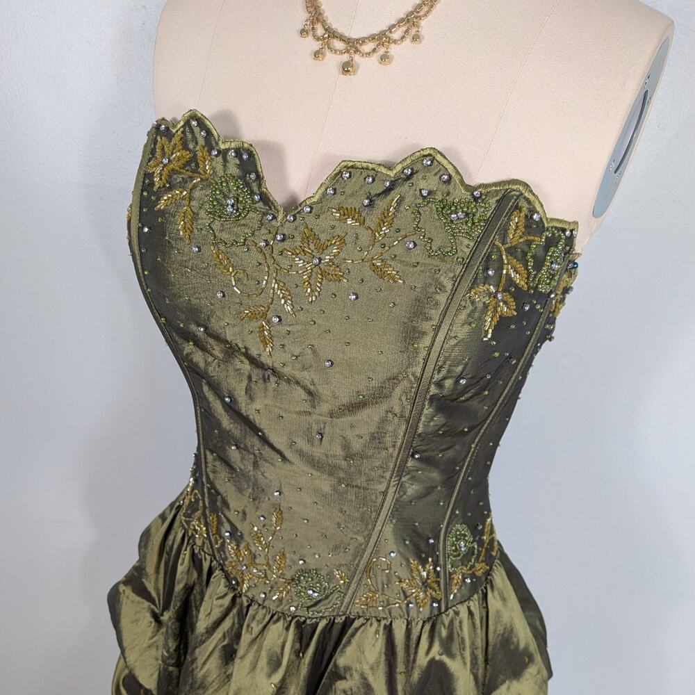 Vintage Prom Dress Maxi Gown 14 Olive Green Fairy Princess Goth Y2K Strapless - Picture 3 of 14